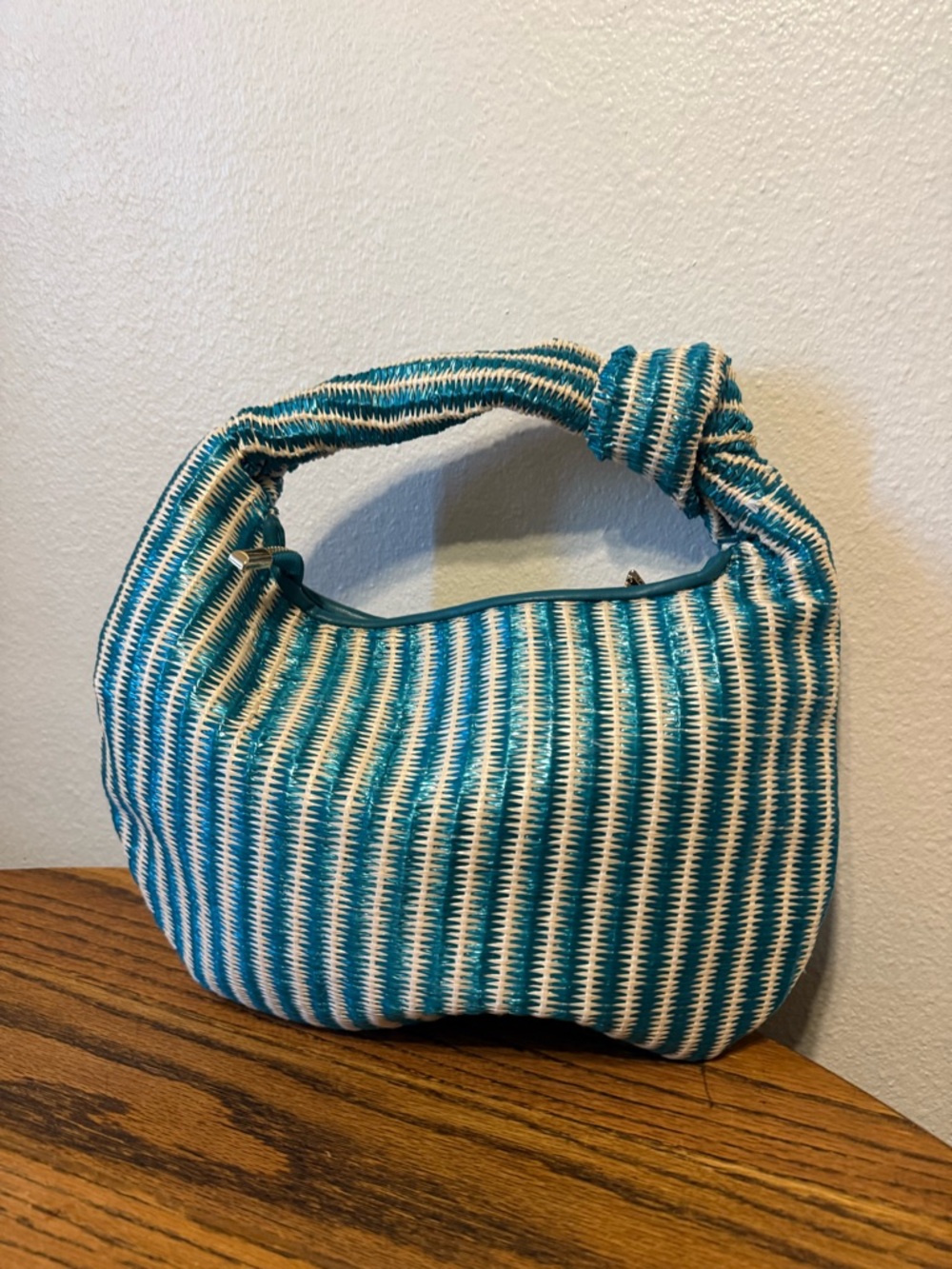 Melie Bianco Teal and White Striped Knotted Handle Shoulder Bag